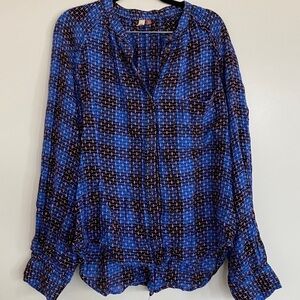 Anthropologie Pilcro long sleeve button down western shirt top blue pink XL
